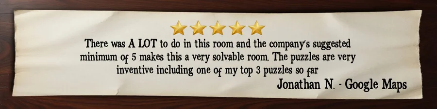 5-star review for Whispering Halls 2 escape room in Sacramento praising inventive puzzles and a highly engaging experience