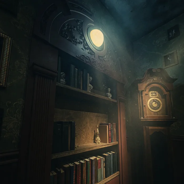 Victorian library with glowing moon phase puzzle above bookshelf in Whispering Halls 2 escape room